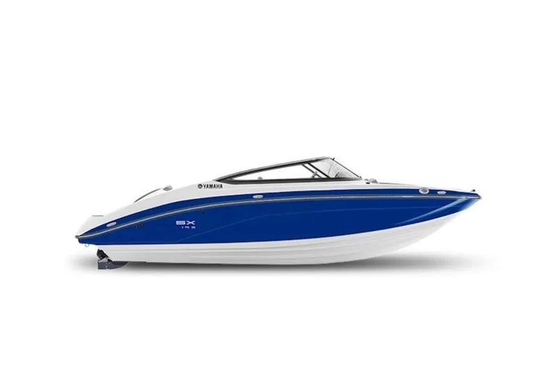 Slide: The Image of 2025 Yamaha Boats SX195, sleek blue and white design, side view. - 51
