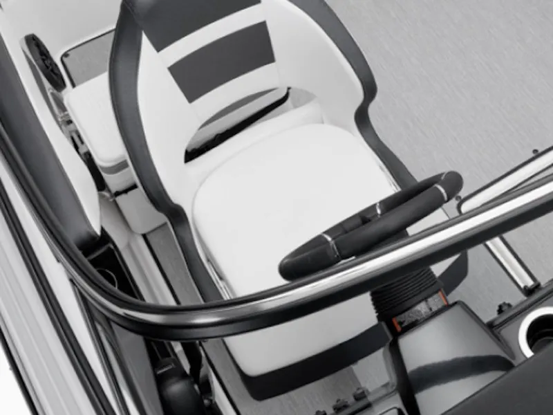 Slide: The Image of 2025 Yamaha Boats 195 SX cockpit with sleek black and white seating. - 6