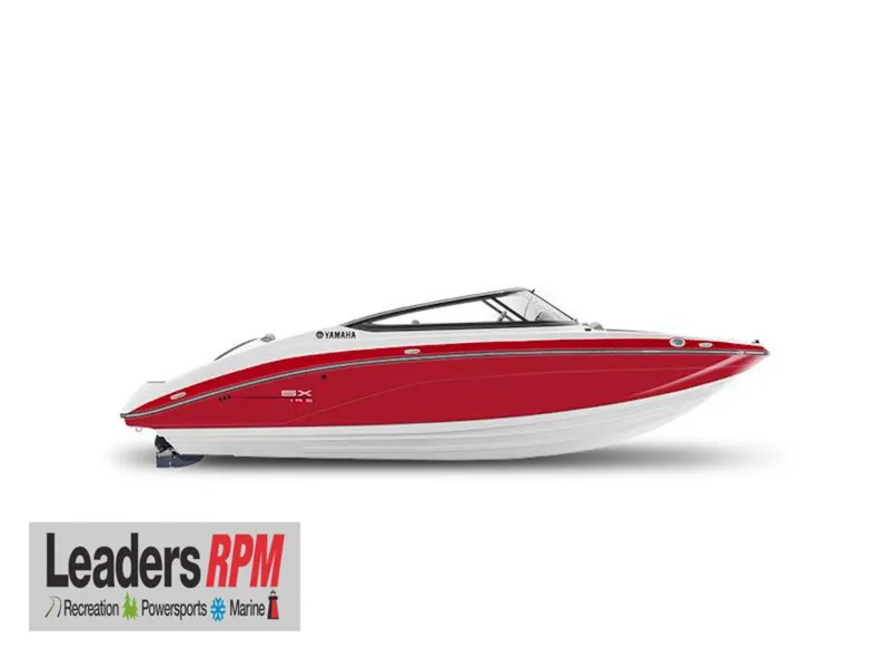 Slide: The Image of 2025 Yamaha Boats 195 SX, red and white, side view, Leaders RPM logo. - 3