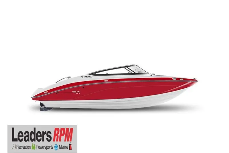 Slide: The Image of 2025 Yamaha Boats SX195, red and white design, side view, Leaders RPM logo. - 40