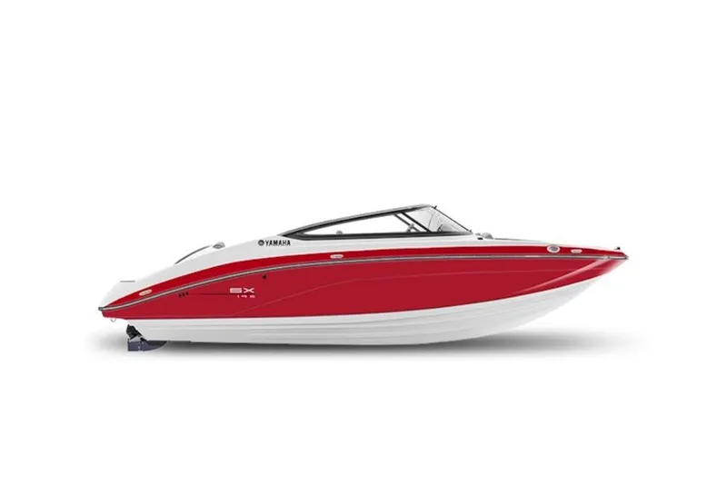 Slide: The Image of 2025 Yamaha Boats SX195, red and white speedboat, side view. - 42