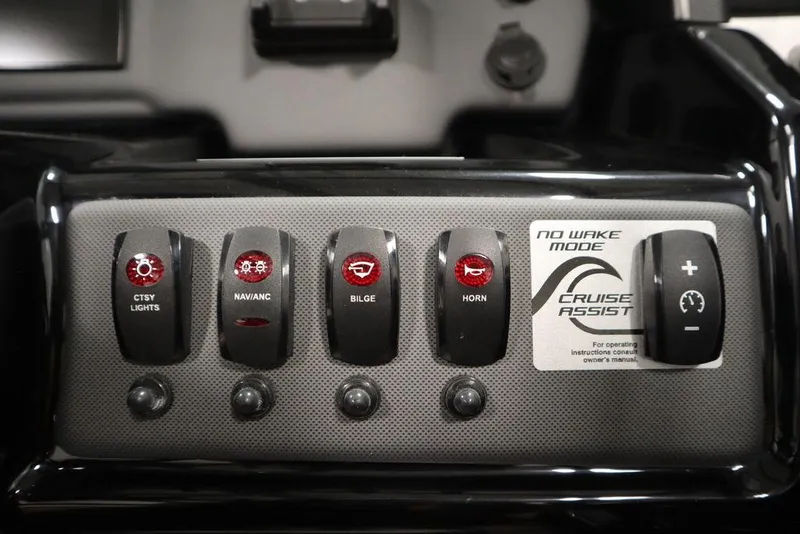 Slide: The Image of Control panel of 2025 Yamaha Boats 195 SX with various switches and cruise assist feature. - 29