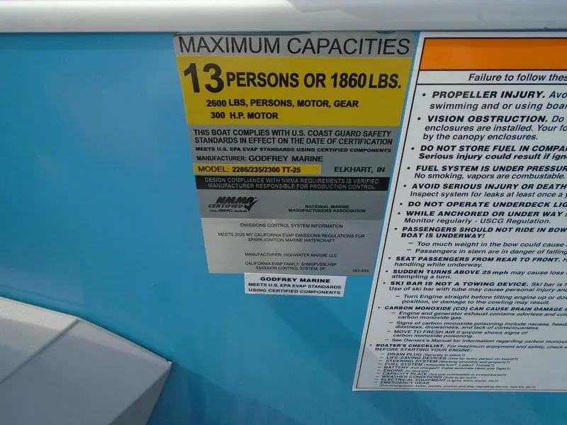 Slide: The Image of Maximum capacity label for 2025 Godfrey Sweetwater 2286 C boat, 13 persons or 1860 lbs. - 12