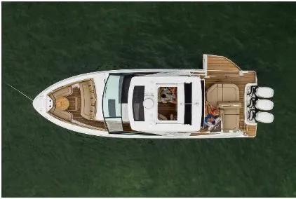Slide: The Image of Aerial view of 2021 Sea Ray SLX 400 Outboard on water. - 0