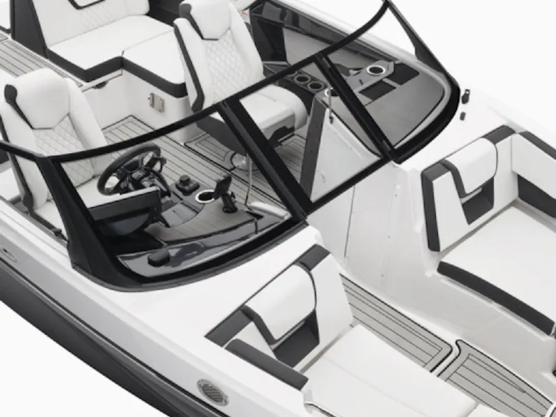 Slide: The Image of 2025 Yamaha Boats 222 SE interior with sleek seating and modern dashboard design. - 6