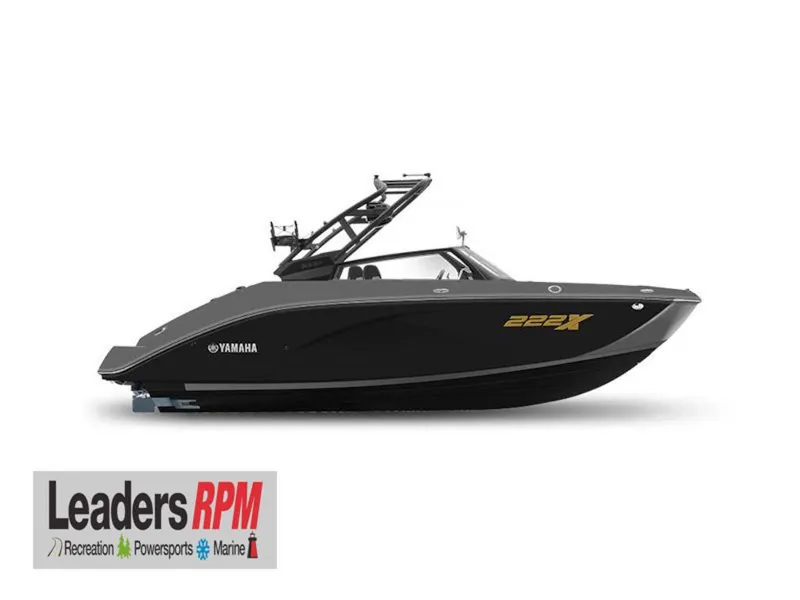 Slide: The Image of 2025 Yamaha Boats 222 XD, sleek black design, side view, Leaders RPM logo. - 1