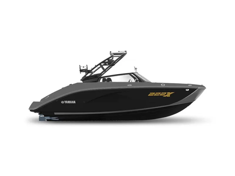 Slide: The Image of 2025 Yamaha Boats 222 XD, sleek black design, side view. - 6