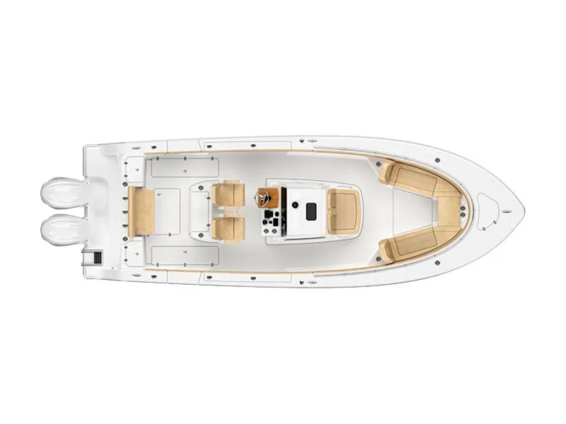 Slide: The Image of 2025 Sportsman Open 282 boat, top view, featuring dual engines and spacious seating. - 22