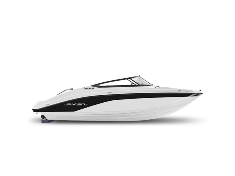 Slide: The Image of 2025 Yamaha Boats 190 SX, sleek white and black design, side view. - 1