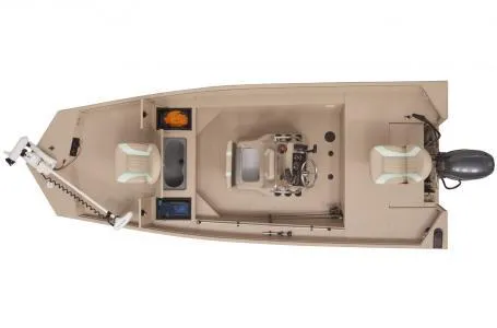 Slide: The Image of 2021 G3 Bay 17 boat, top view, beige interior, equipped with motor and seating. - 12