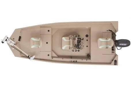Slide: The Image of 2021 G3 Bay 17 boat, top view, beige color, with motor and seating. - 3