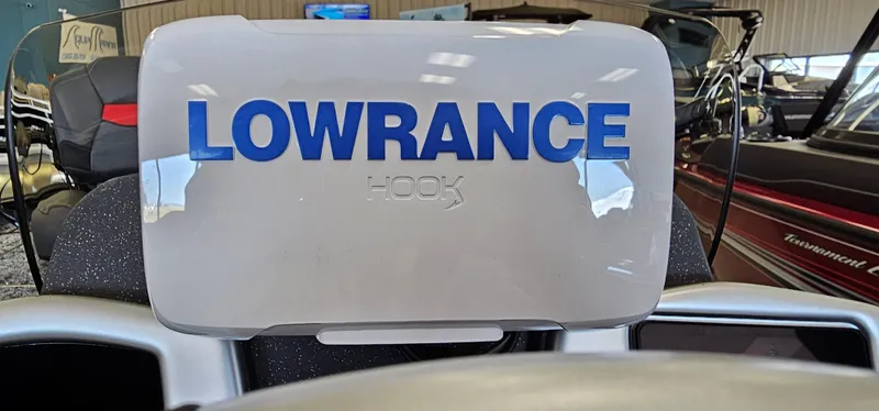 Slide: The Image of Lowrance Hook device on 2025 Tracker Pro Team 195 Tournament Edition boat dashboard. - 8