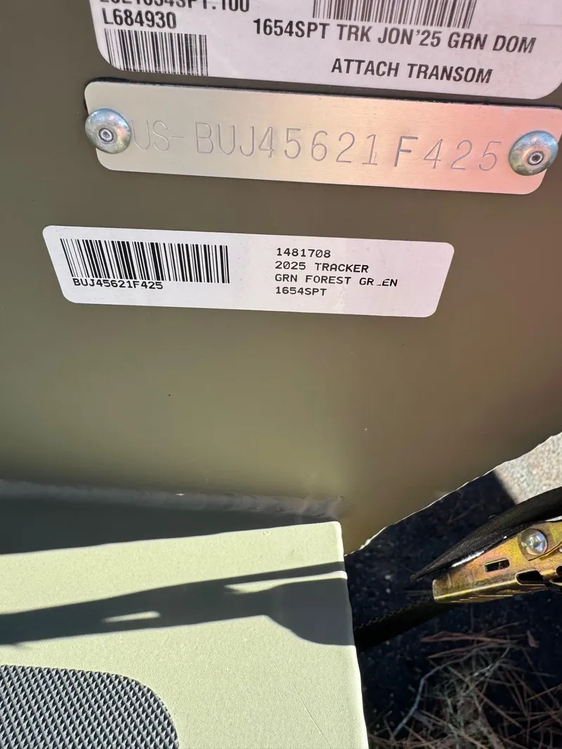 Slide: The Image of 2025 Tracker Grizzly 1654 T Sportsman boat identification tags and barcodes. - 37