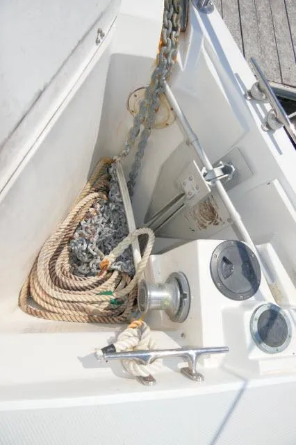 Slide: The Image of Anchor and rope storage on 1995 Catalina 36 Mk II sailboat deck. - 33