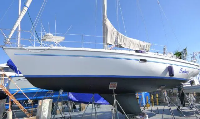 Slide: The Image of Catalina 36 Mk II sailboat from 1995 on dry dock, side view. - 41