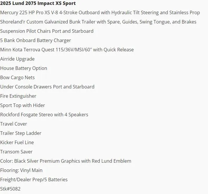 Slide: The Image of 2025 Lund 2075 Impact XS Sport features and specifications list. - 7