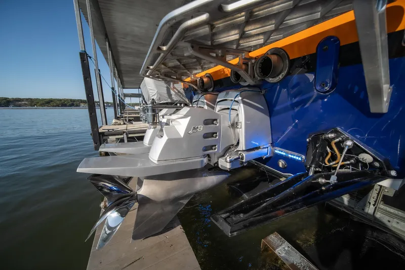 Slide: The Image of Close-up of 2007 Cigarette 42X boat engine and propeller at dock. - 37