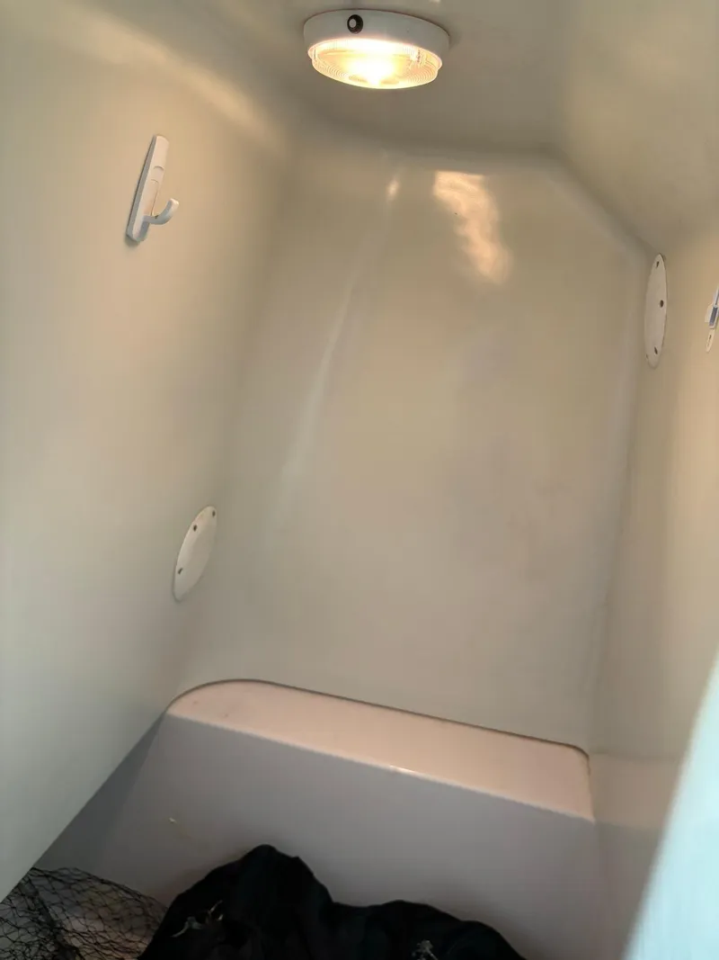 Slide: The Image of Interior cabin of 2017 Pro-Line 23 Sport boat, featuring hooks and lighting. - 36