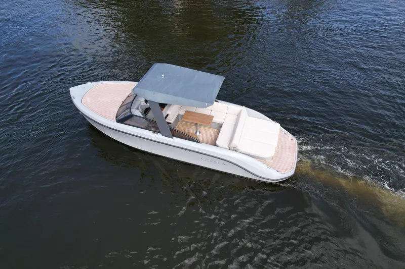 Slide: The Image of 2021 Rand Leisure boat cruising on calm water, featuring sleek design and spacious seating. - 28
