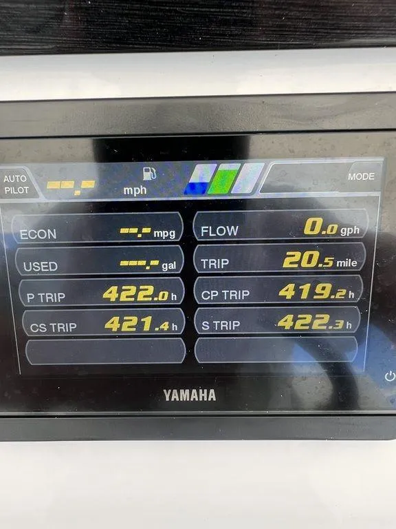 Slide: The Image of Yamaha boat display showing trip and fuel data for Regulator 41, 2021 model. - 34