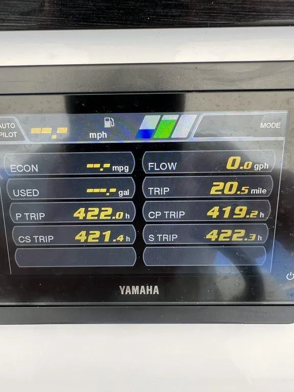 Slide: The Image of Yamaha display showing trip and fuel data for 2021 Regulator 41 boat. - 36
