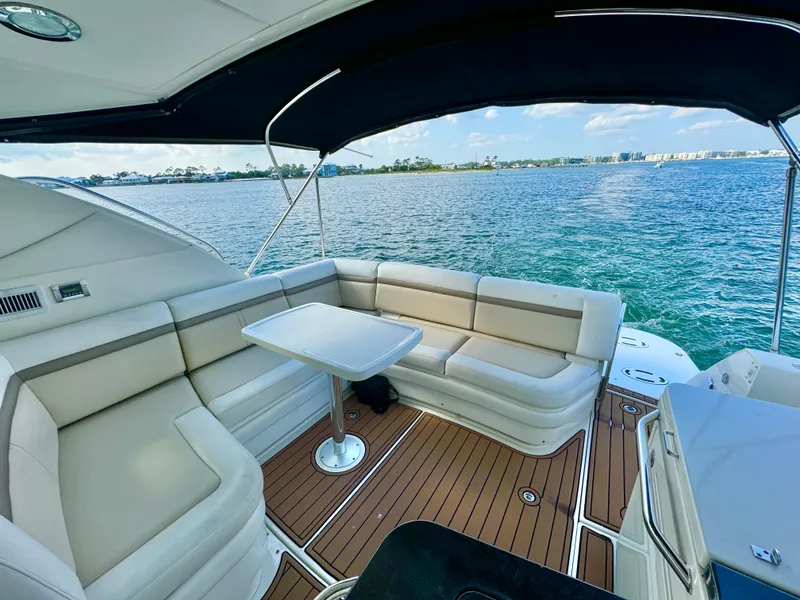 Slide: The Image of Luxurious 2013 Sea Ray 410 Sundancer yacht interior with scenic ocean view. - 10