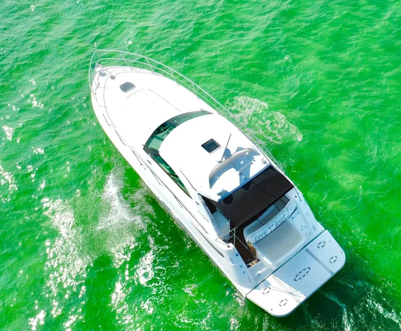 Slide: The Image of Aerial view of 2013 Sea Ray 410 Sundancer yacht on vibrant green water. - 7