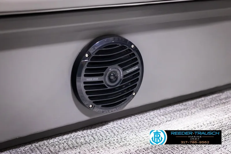 Slide: The Image of 2025 Bennington 188 SLS boat speaker detail with Reeder-Trausch Marine logo. - 38