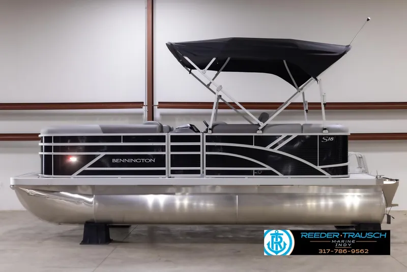 Slide: The Image of 2025 Bennington 188 SLS pontoon boat with canopy in showroom. - 4