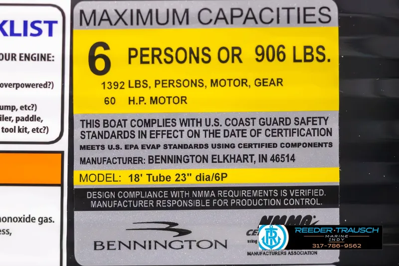 Slide: The Image of Capacity label for 2025 Bennington 188 SLS boat, 6 persons or 906 lbs. - 45