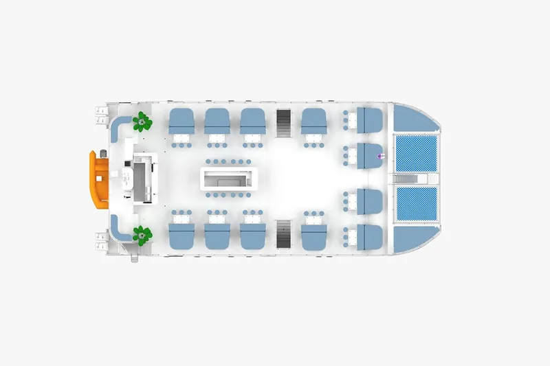 Slide: The Image of Top view of 2024 Custom PaxCat 80 interior layout with seating and amenities. - 25