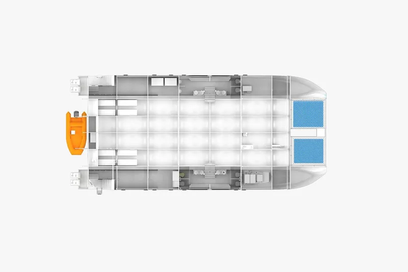 Slide: The Image of Top view of 2024 Custom PaxCat 80 interior layout with seating and amenities. - 26