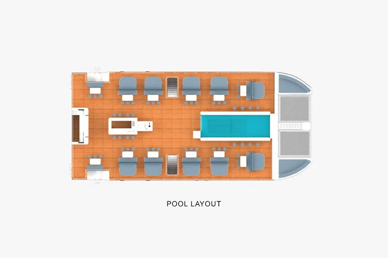 Slide: The Image of Custom PaxCat 80 pool layout, 2024 model, featuring deck chairs and central swimming pool. - 27