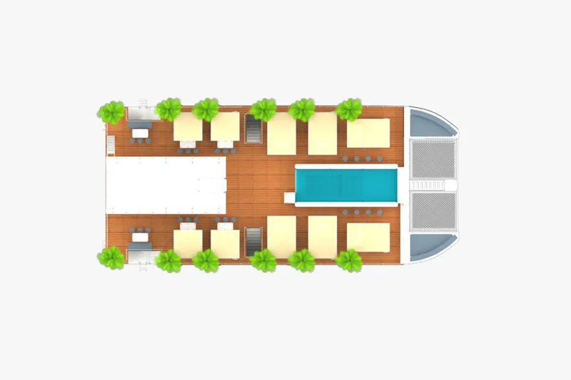 Slide: The Image of Top view of 2024 Custom PaxCat 80 yacht deck layout with pool and seating areas. - 28