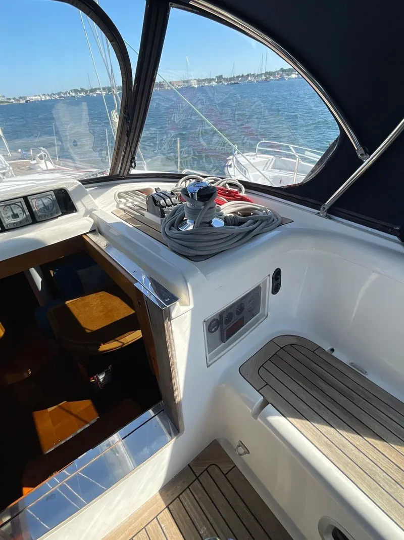 Slide: The Image of Interior view of 2003 Oyster 53 yacht cockpit with ocean backdrop. - 6
