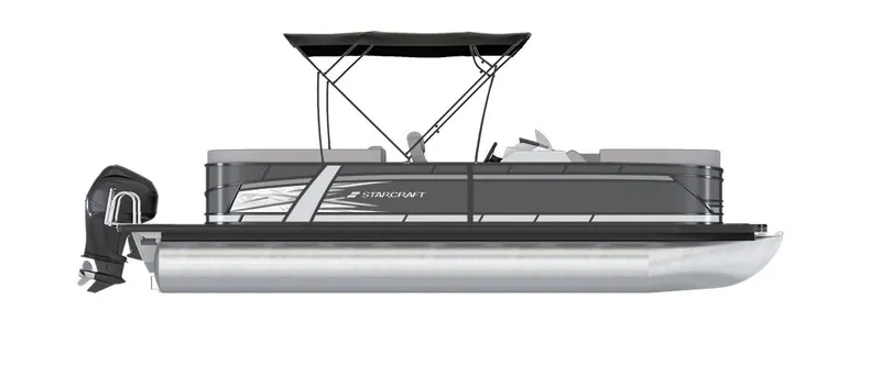 Slide: The Image of 2025 Starcraft SLS 1 pontoon boat with canopy and outboard motor, side view. - 26