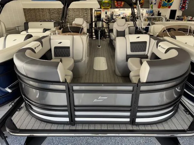 Slide: The Image of 2025 Starcraft SLS 1 pontoon boat with luxurious seating and modern design. - 3