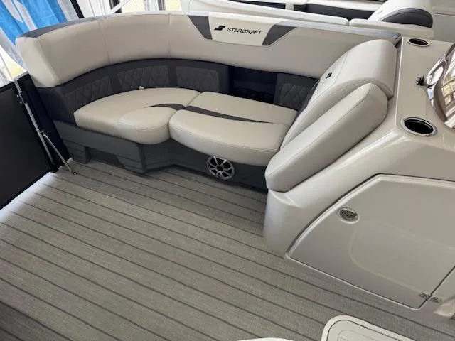 Slide: The Image of Luxurious interior of 2025 Starcraft SLS 1 boat with plush seating and modern design. - 8