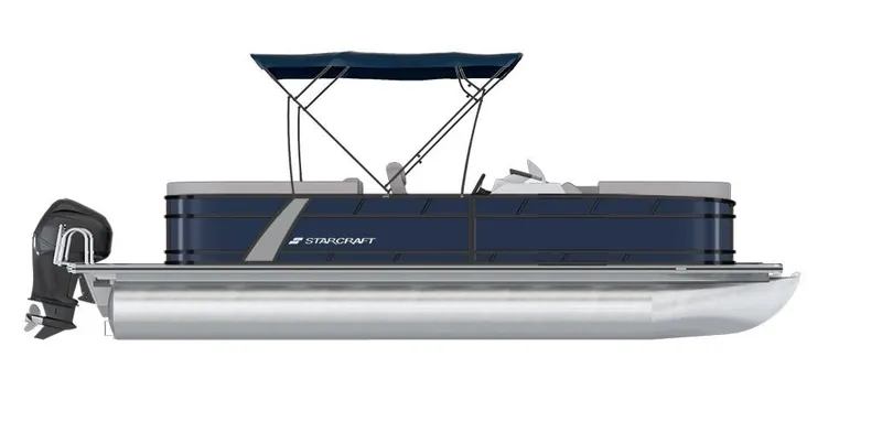 Slide: The Image of 2025 Starcraft EXS 3 Q pontoon boat with canopy and outboard motor. - 22