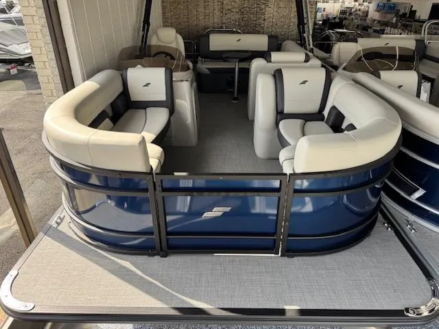 Slide: The Image of 2025 Starcraft EXS 3 Q pontoon boat with spacious seating and modern design. - 3