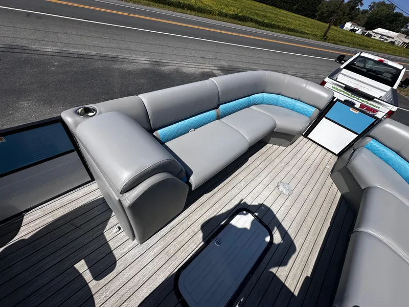 Slide: The Image of 2020 Misty Harbor 2585 Biscayne Bay CE pontoon boat with gray and blue seating. - 16