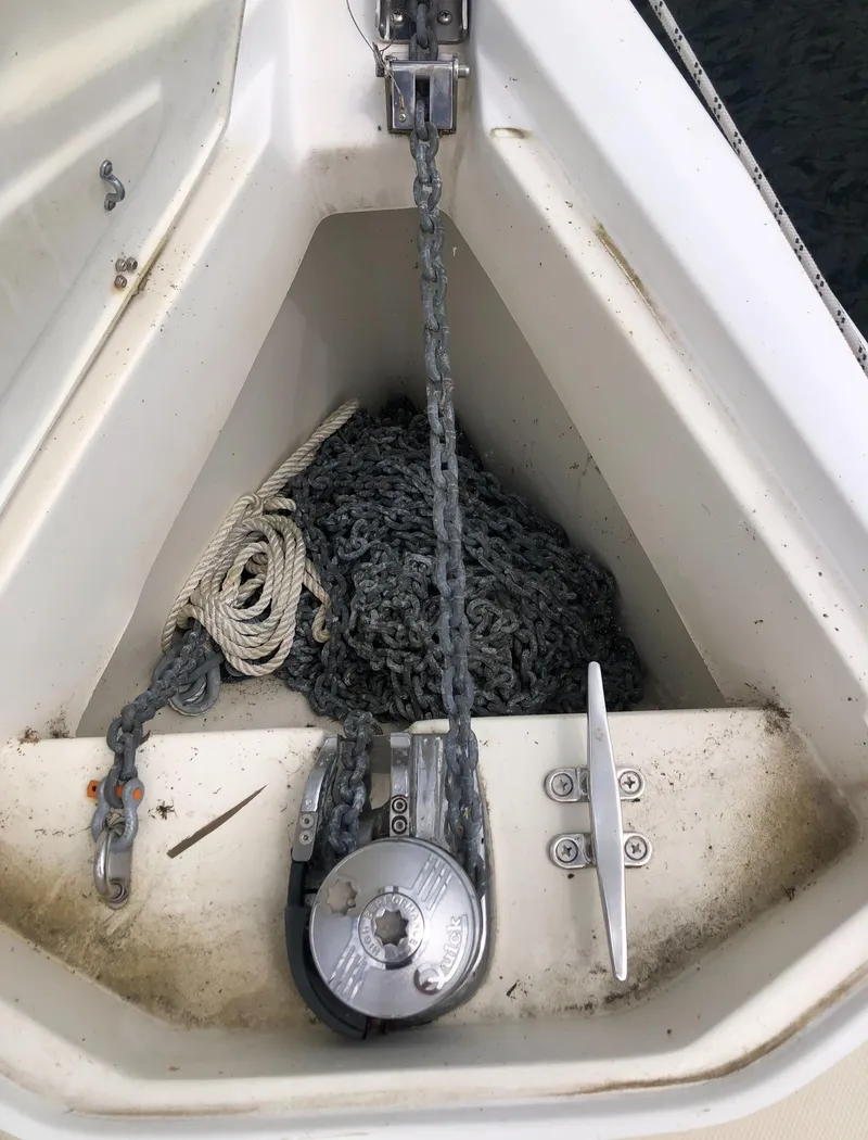 Slide: The Image of Anchor locker of 2016 Marlow-Hunter 37 sailboat with chain and rope. - 10