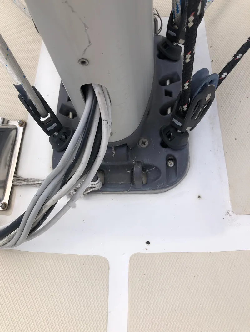 Slide: The Image of Marlow-Hunter 37 sailboat mast base with rigging and cables, 2016 model. - 19