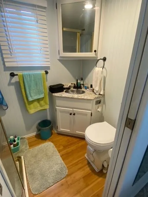 Slide: The Image of Compact 1985 Arc houseboat bathroom with sink, toilet, and storage cabinet. - 15