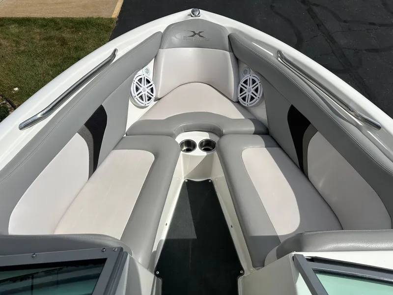 Slide: The Image of Interior of a 2008 MasterCraft X-1 boat with gray and white seating. - 16