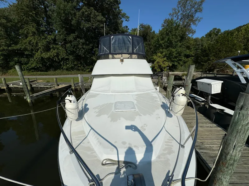 Slide: The Image of 1991 Carver 33 Aft Cabin boat docked, front view with clear sky and trees. - 7