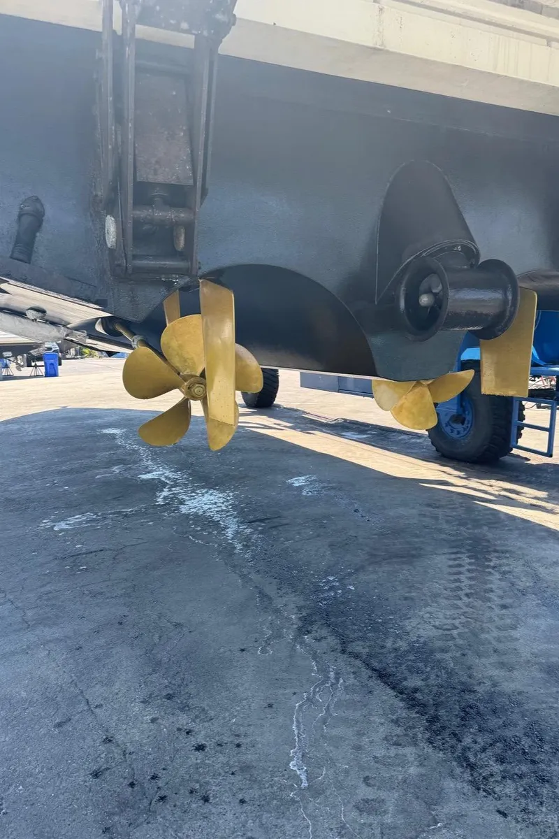 Slide: The Image of Close-up of 2019 Galeon 500 Fly boat propellers on dry dock. - 35