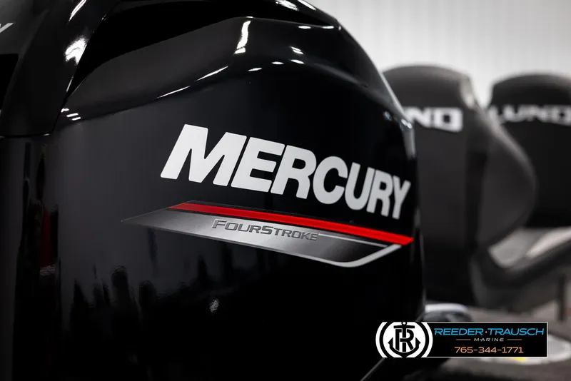 Slide: The Image of Mercury FourStroke engine on 2025 Lund 1650 Rebel XL SS boat, Reeder-Trausch Marine logo visible. - 29