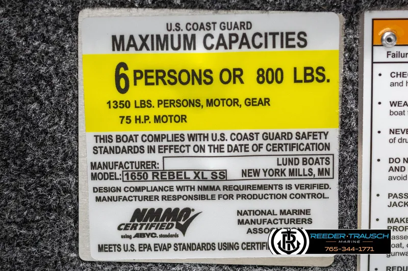 Slide: The Image of Capacity label for 2025 Lund 1650 Rebel XL SS boat, 6 persons or 800 lbs. - 41