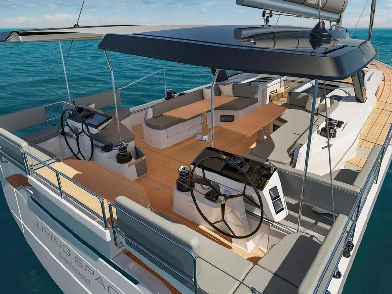 Slide: The Image of Luxurious 2025 Hanse 590 yacht with spacious deck and modern helm, sailing on open sea. - 11